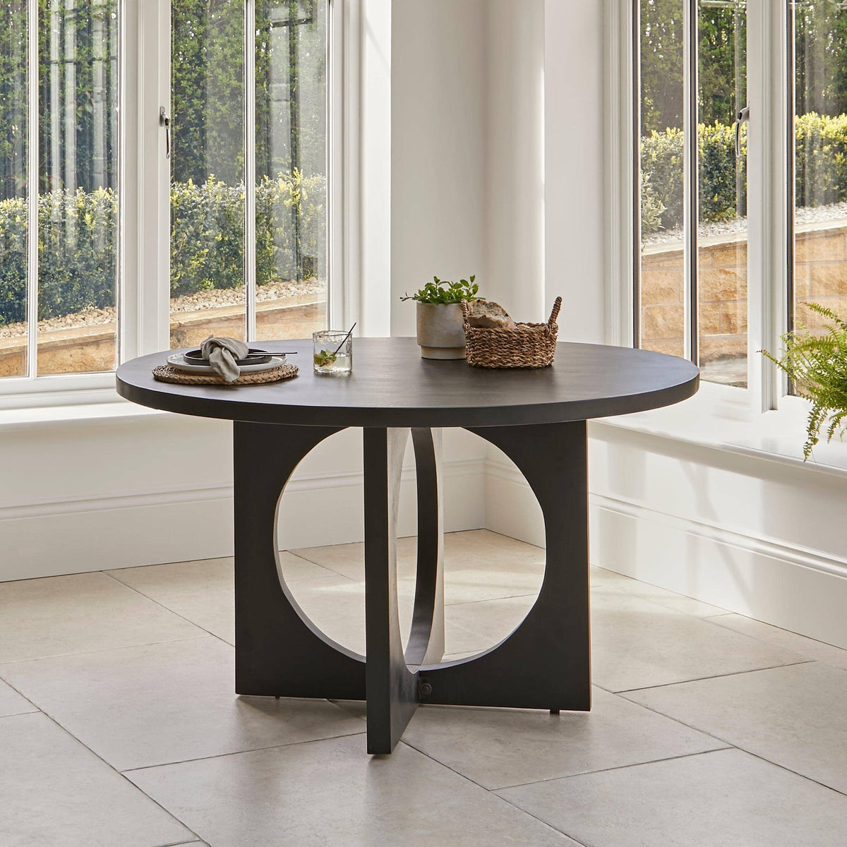 Jade 4 Seater Round Black Dining Table Set - Freya Oatmeal Dining Chairs with Black Legs - Laura James