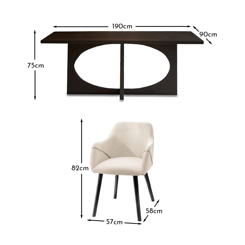 Jade Jet Black Rectangular Acacia Dining Table Set - 6 Seater - Freya Boucle Armchairs with Black Legs
 - Laura James 