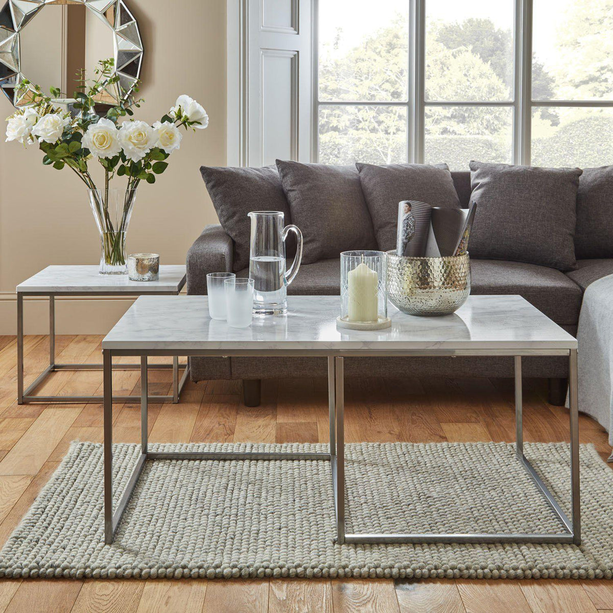 Jay coffee table and side tables - marble effect and chrome - Laura James