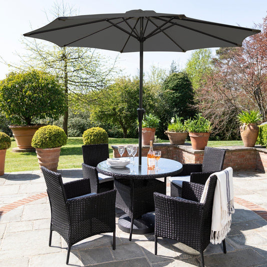 Kemble 4 Seater Rattan Round Dining Set with Grey Parasol - Black - Rattan Garden Furniture - Laura James