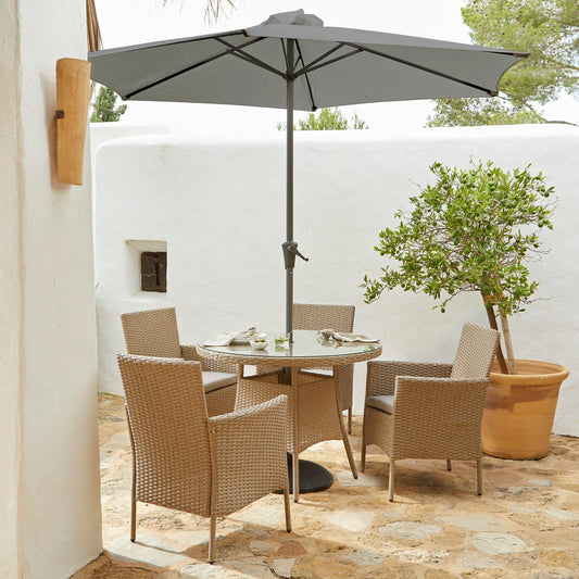 Kemble 4 Seater Rattan Round Dining Set With Grey Parasol - Natural - Rattan Garden Furniture - Laura James