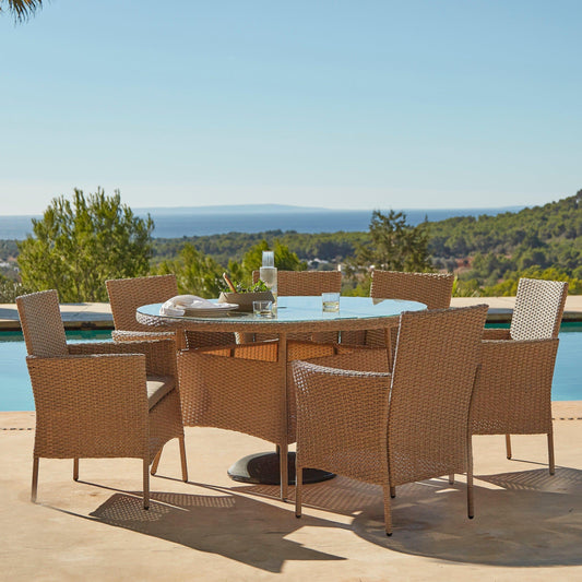 Kemble 6 Seater Rattan Round Outdoor Dining Table Set - Natural Brown - Rattan Garden Furniture - Laura James