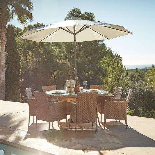 Kemble 8 Seater Rattan Round Dining Set with Cream Parasol - Natural Brown - Laura James