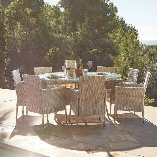 Kemble 8 Seater Round Rattan Garden Dining Set with Kemble/Marston Dining Chairs - Light Grey - Laura James