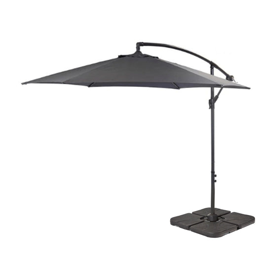 Round 2.9m Grey Lean-Over Parasol with 80kg Quartered Parasol Base - Black Plastic - Laura James