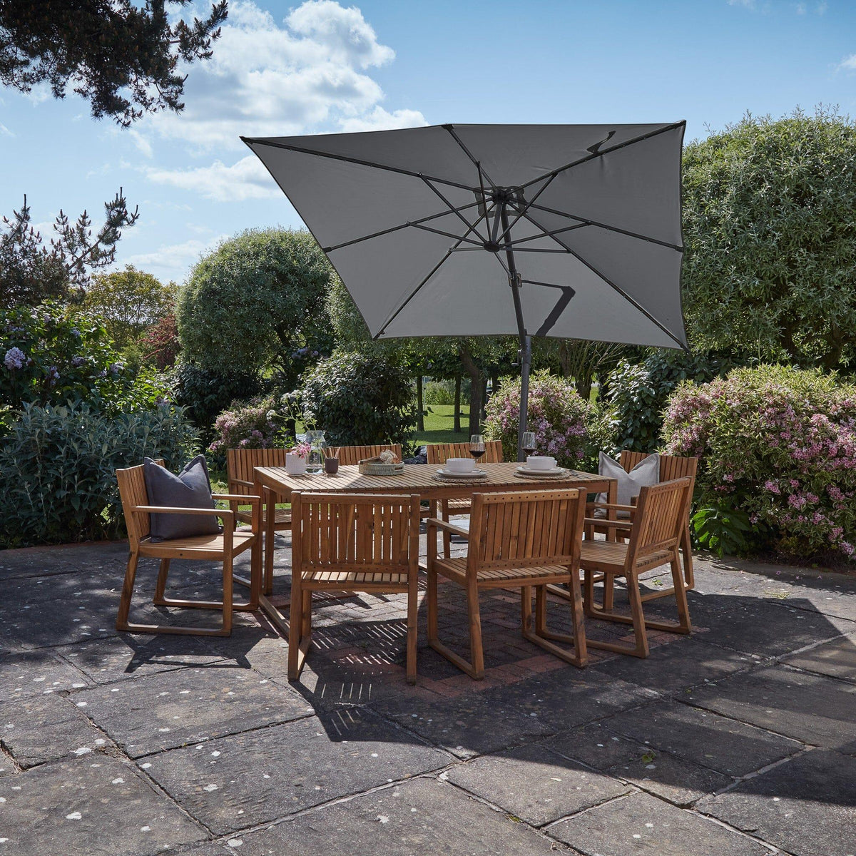 Lennox 6 Seater Wooden Outdoor Dining Set with Premium Grey Parasol