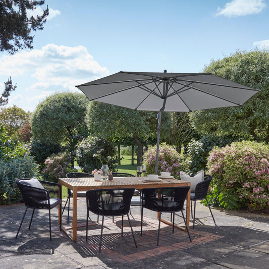 Lennox Table With 6 Hali Black Dining Chairs and Grey Lean Over Parasol