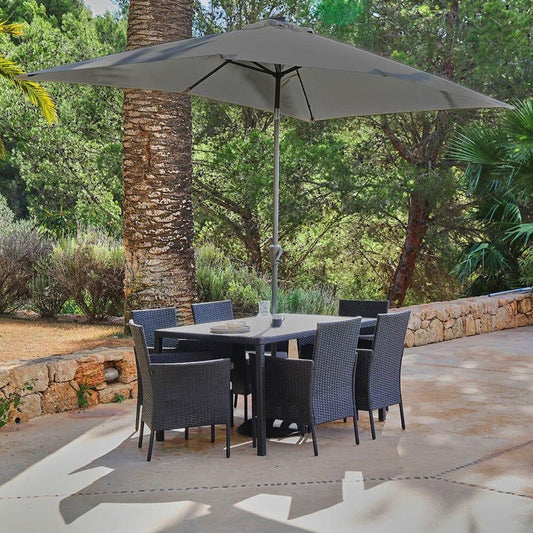 Marston 6 Seater Polywood Top Rattan Dining Set with Grey Parasol - Black