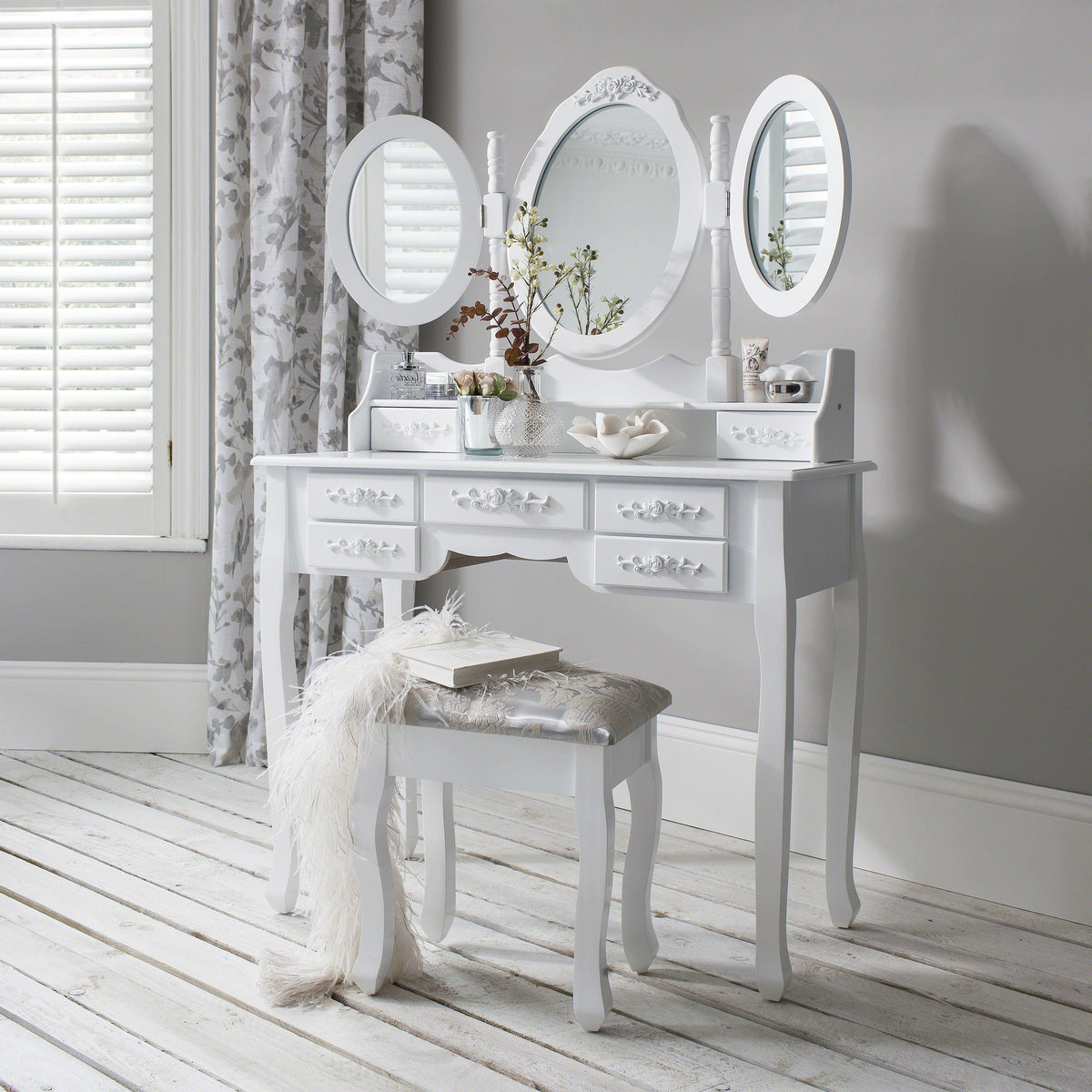 Monaco Dressing Table, Stool & Mirror Set - White Painted - Laura James