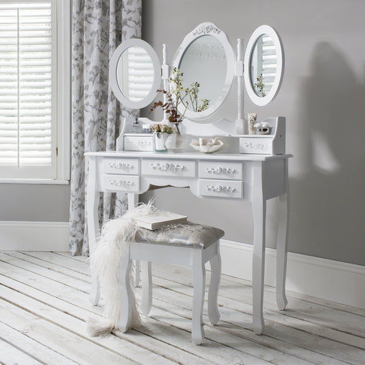 Monaco Dressing Table, Stool & Mirror Set - White Painted - Laura James