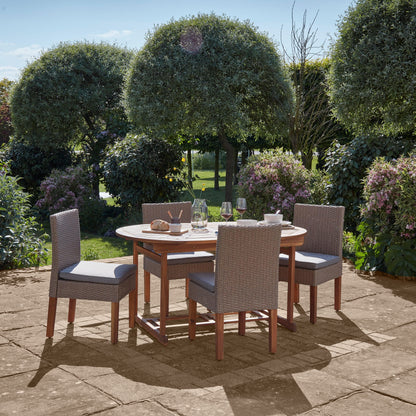 Oakley 4 Seater Wooden Extendable Round Garden Dining Table with 4 Rattan Dining Chairs - Laura James