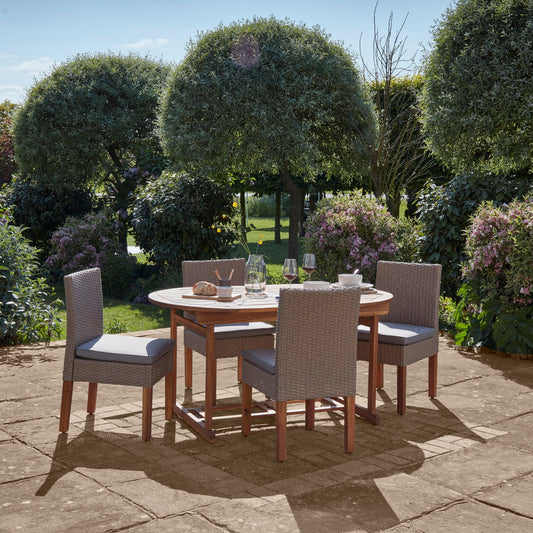 Oakley 4 Seater Wooden Extendable Round Garden Dining Table with 4 Rattan Dining Chairs - Laura James