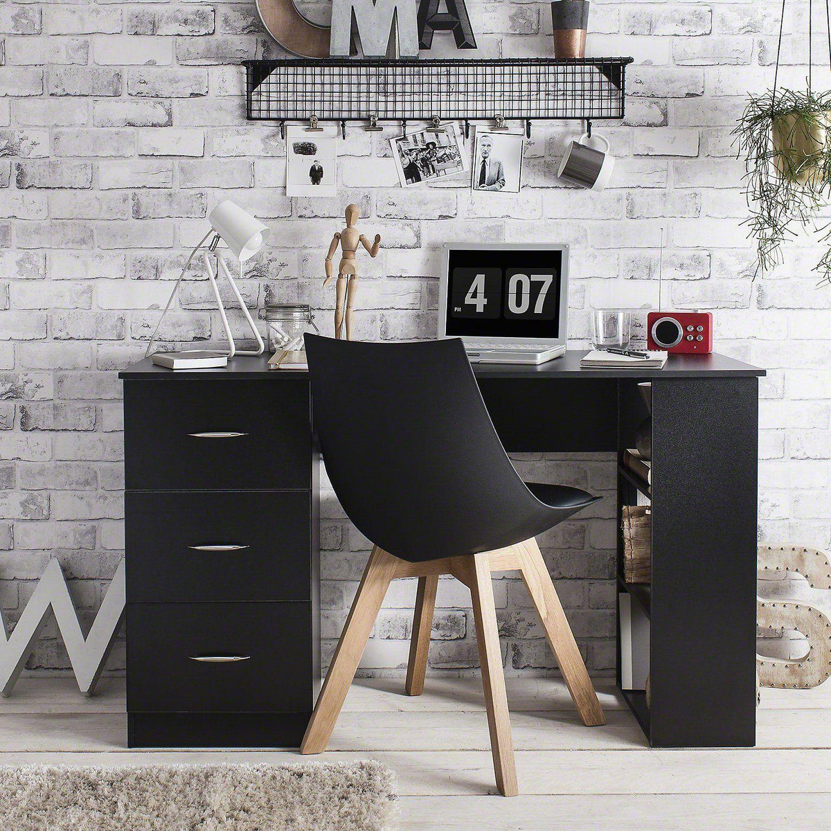 Black Computer Desk With 3 Drawers / 3 Shelves - Laura James