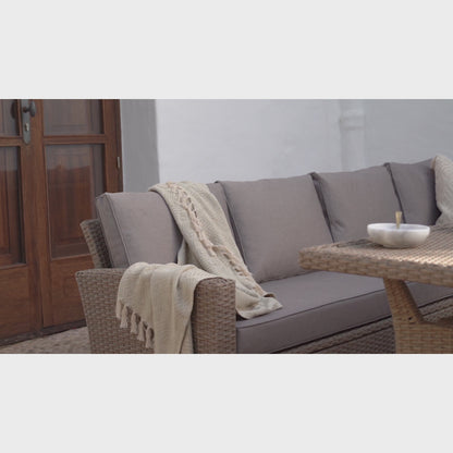 Aston 9 Seater Rattan Corner Sofa Set with Grey LED Premium Parasol with Glass Table Top - Natural Brown
