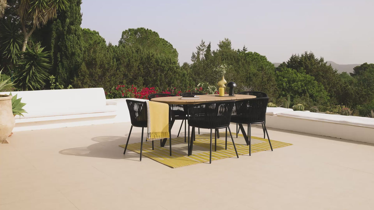 Ezra 6 Seater Oval Wooden Garden Dining Set with 6 Hali Black Rope Chairs - Laura James 