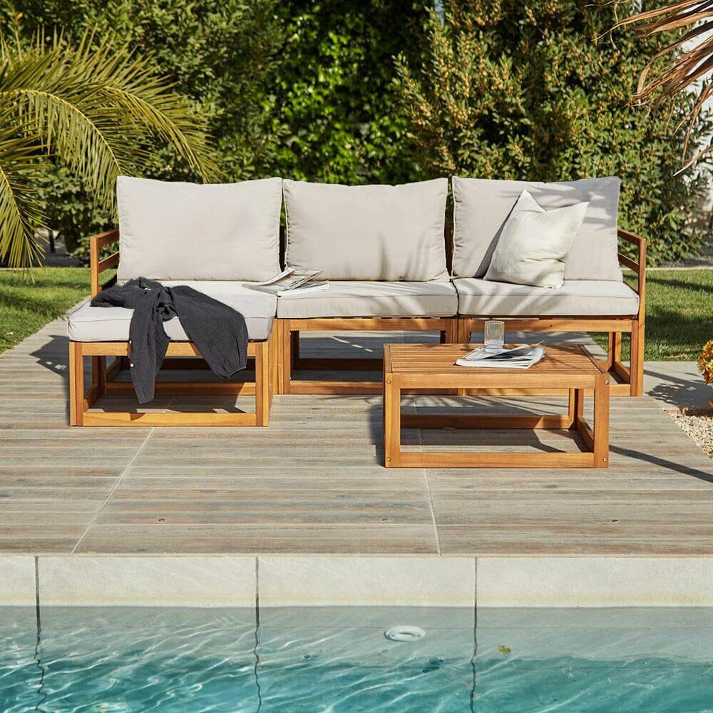 Rowan 3 Seater Wooden Garden Sofa - Footstool & Coffee Table - Laura James 