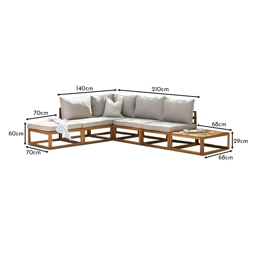 Rowan 5 Seater Wooden Garden Chaise Corner Sofa Set with Coffee Table - Natural - Laura James