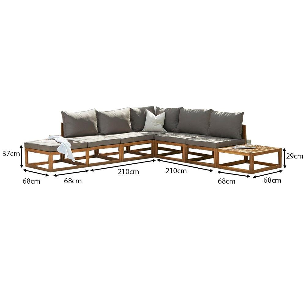 Rowan 6 Seater Wooden Garden Chaise Corner Sofa Set with Coffee Table - Grey - Laura James