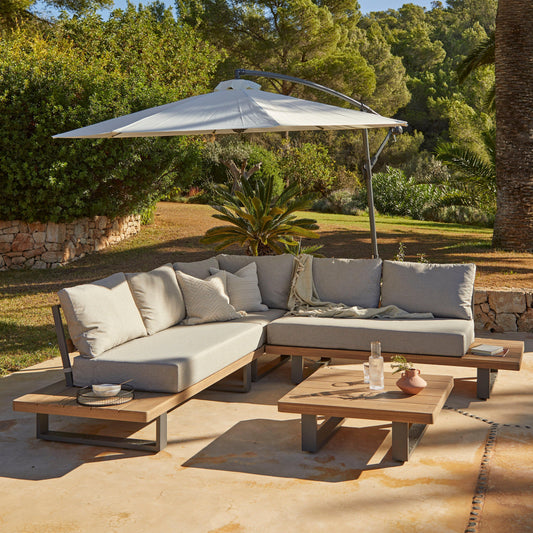 Shiva Stone Garden Corner Sofa Set with Cream Lean Over Parasol - Laura James