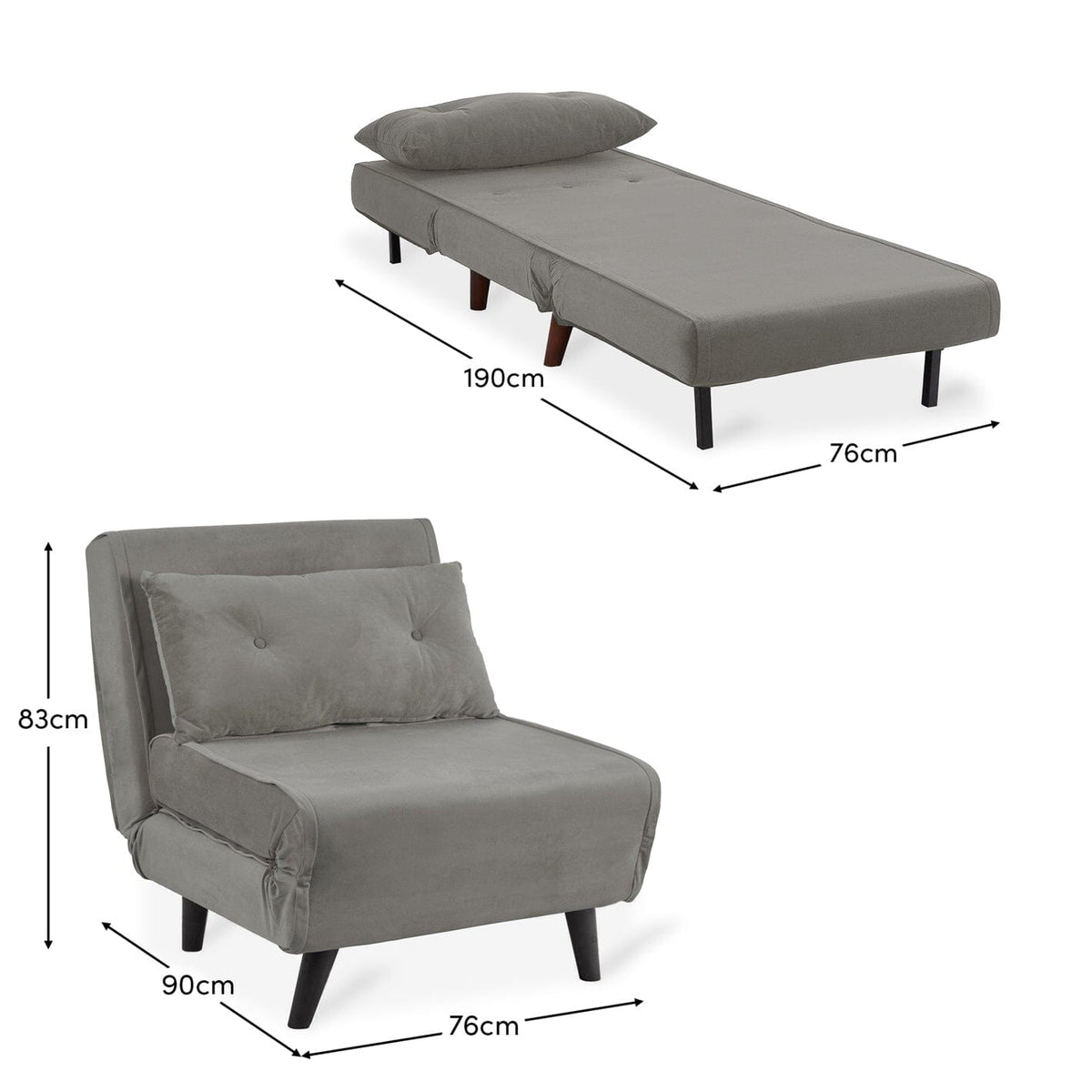 Una single sofa bed - grey - velvet - Laura James