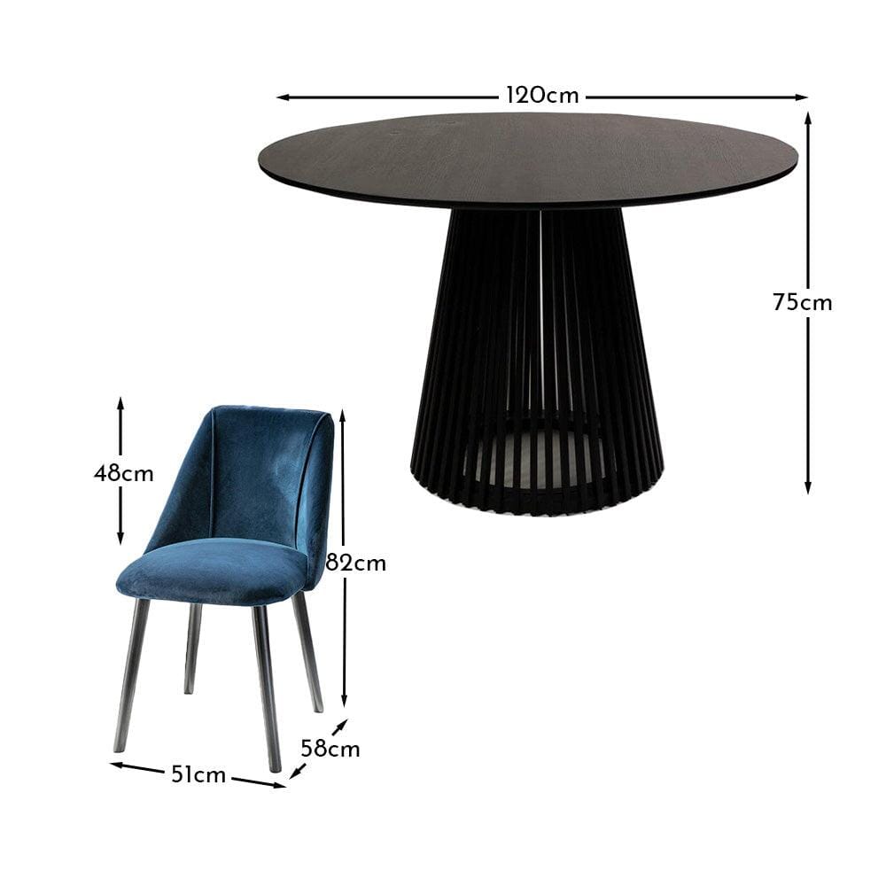 Willow Black Dining Table Set - 4 Seater - Freya Blue Dining Chairs - Black Oak Legs